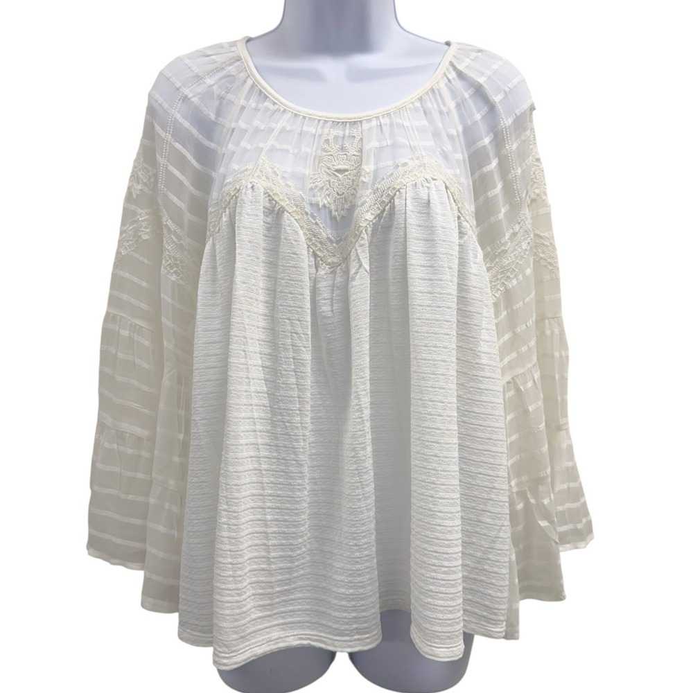 Lucky Brand Women's Large White‎ Blouse Boho Peasant Top 3/4 Sheer Bell Sleeves